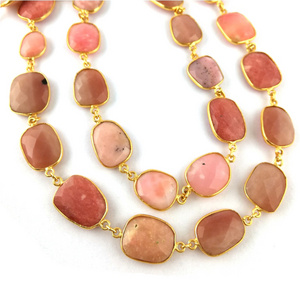 Pink Opal Gemstone Bezel Set Connector Chain12-16mm Gemstone Bezel Brass Connector Chain Free Form Shape Gemstone