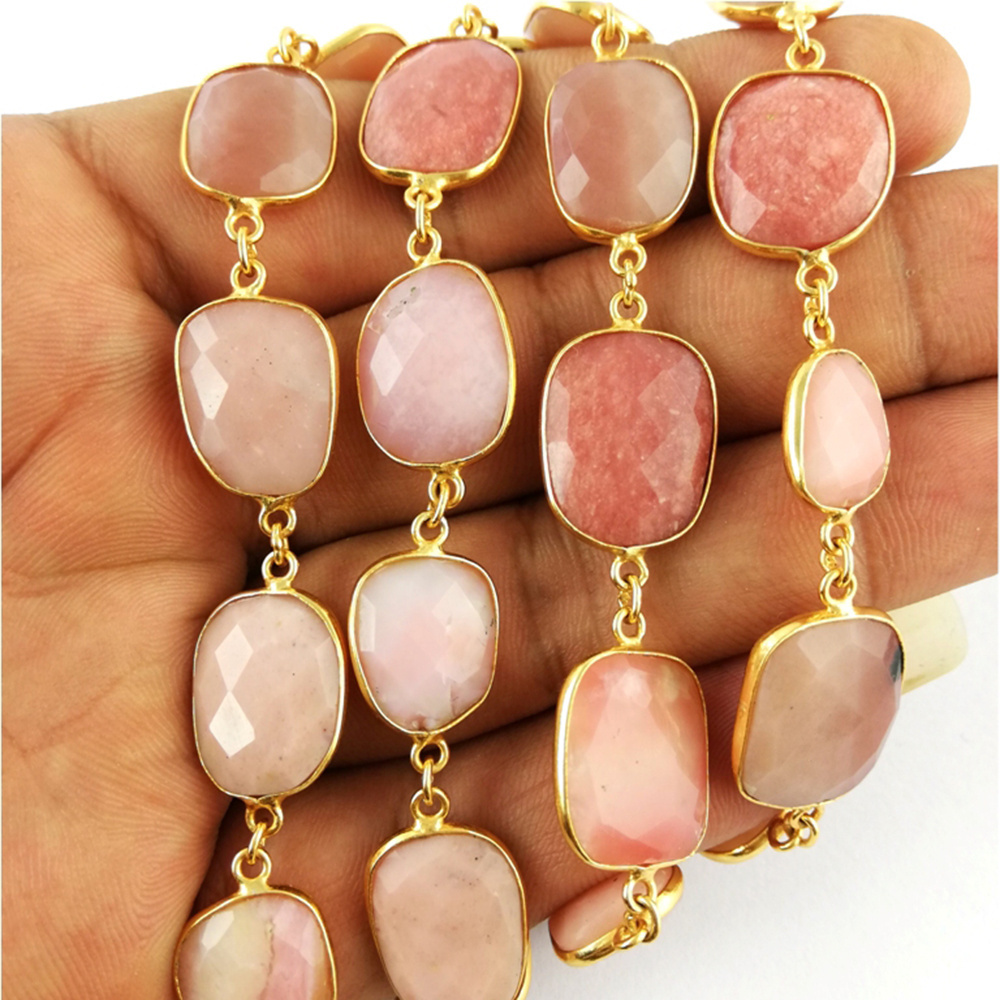 Pink Opal Gemstone Bezel Set Connector Chain12-16mm Gemstone Bezel Brass Connector Chain Free Form Shape Gemstone