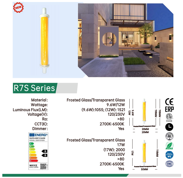 100W Equivalent R7S Halogen Bulbs Adjustable Brightness 1521LM Warm White AC230V R7S 118mm 12W LED Bulb