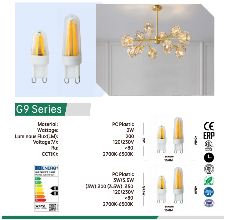 G9 filament lamp cob 2w 200lm dimmable AC 120V 220V CE RoHS G9 Filament Led Bulb