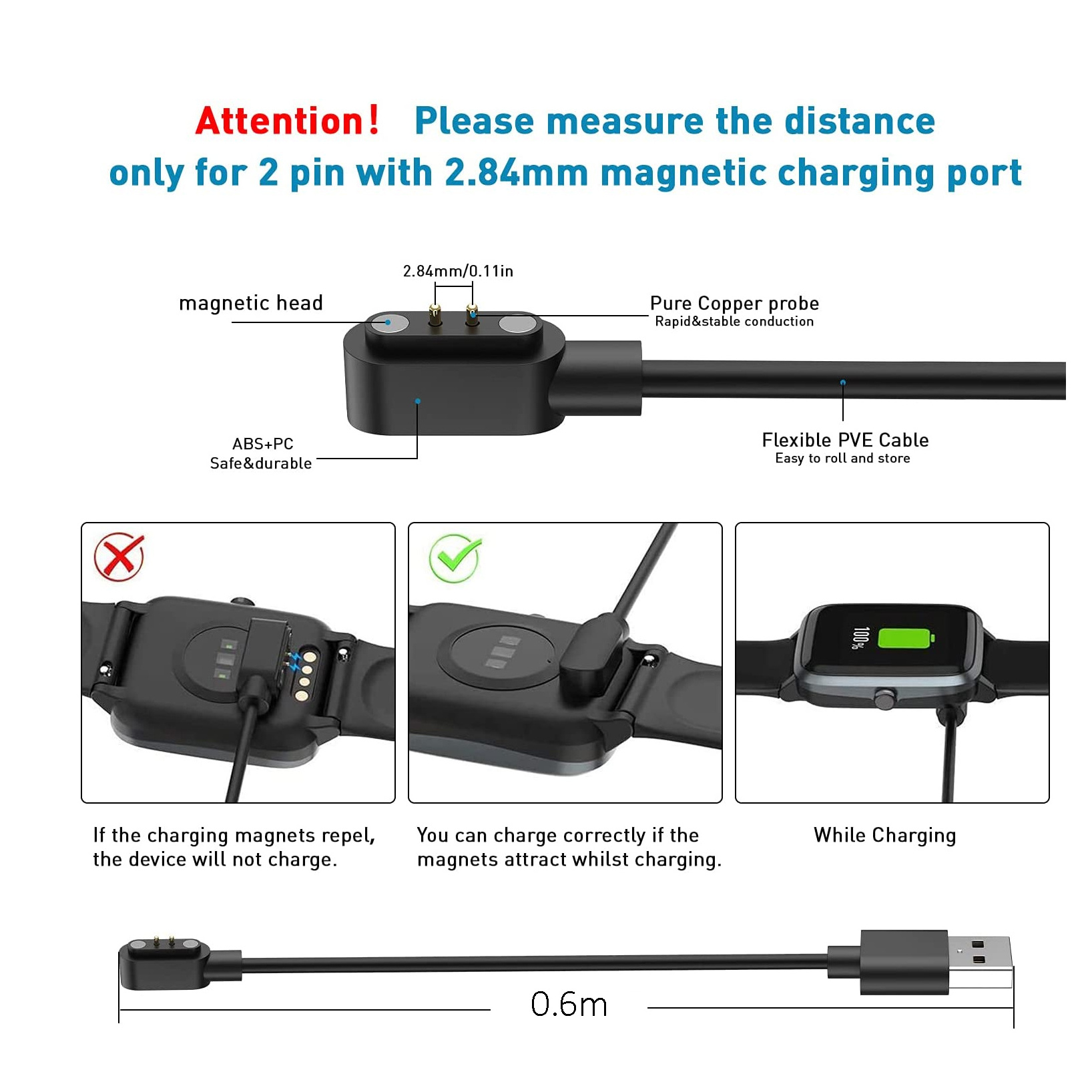 Wholesale USB magnetic pogo pin charger 2.84mm 2pin Smart Watch charger cable for M12 M16 D06 HW12 HW16 X22 Arris Watch 6 lux