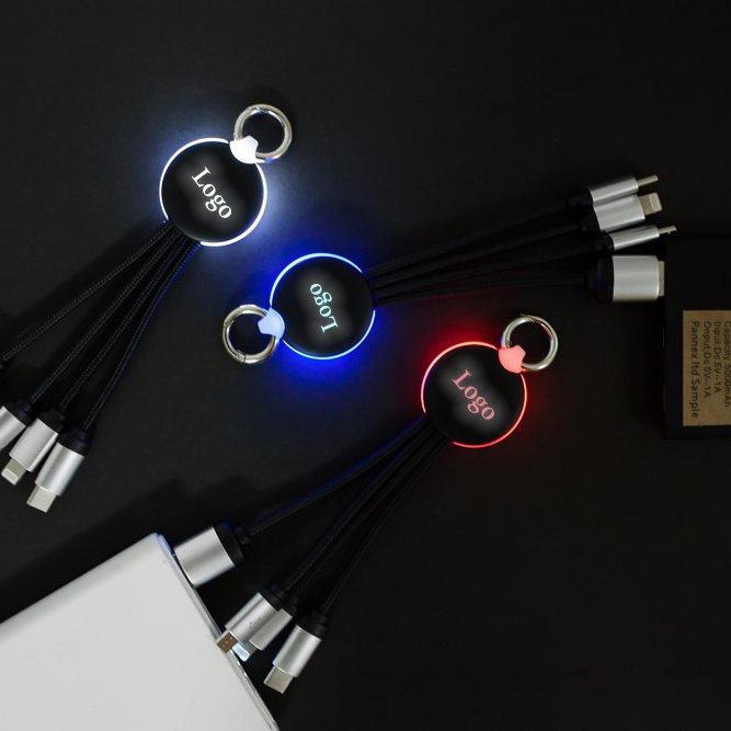 Custom logo New 3 In1 Led Usb Charging Cable Line Keychain Multi-function Gift Customization Data Cable For iphone Usb Cable