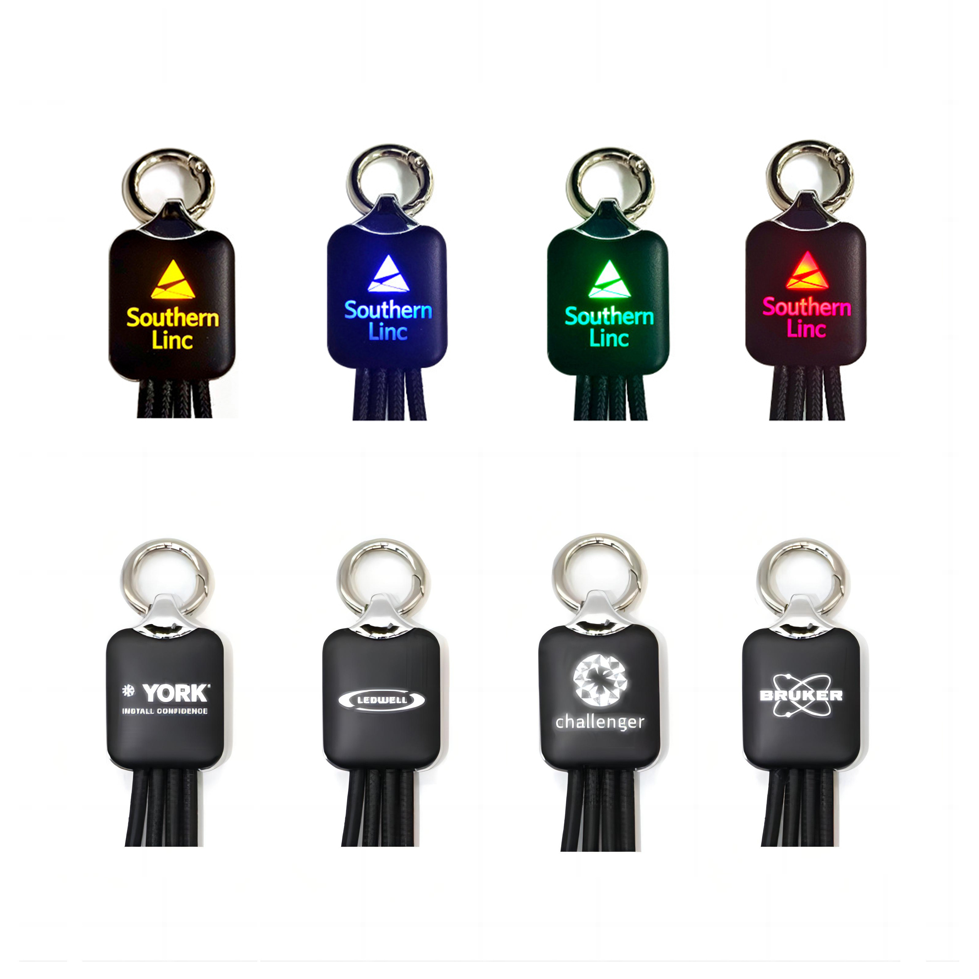 Wholesale Promotional Gift 3 In 1 Keychain Usb Charging Cable With Led Light Up Logo Keyring Data Charger Line Cord