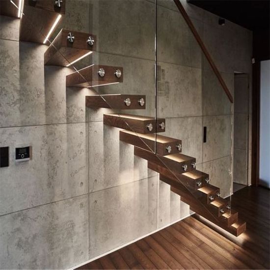 Duplex house glass floating stairs solid wood tread staircase with led light step