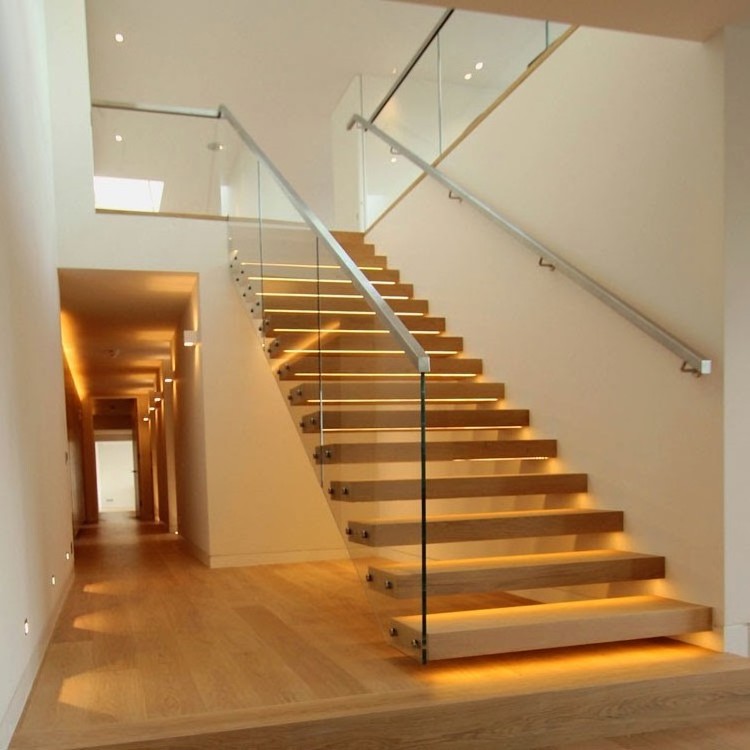 Duplex house glass floating stairs solid wood tread staircase with led light step