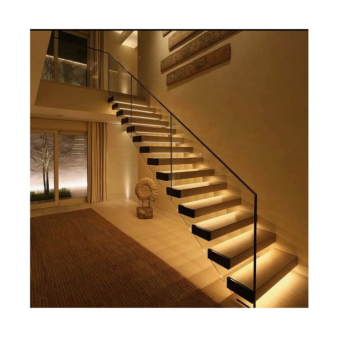 Duplex house glass floating stairs solid wood tread staircase with led light step