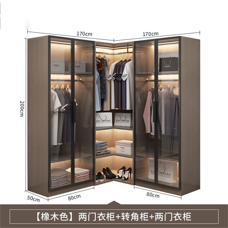 Wooden L shape Conner INS Bedroom Furniture Cabinet Clothes Organizer Closet Wardrobe With LED Light Glass Doors Wardrobes