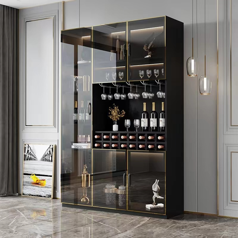 Black Color Custom Made Living Room Furniture Wine Display Cabinet Furniture Glass Door With LED Lights Cabinets