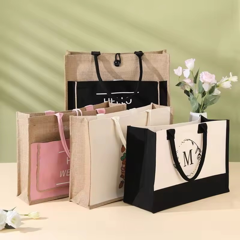 Promotional Custom Make Printed Logo Recycled Eco Recycle Bag Woven Shopping Bags Eco-friendly Burlap Jute Tote Bags Wholesale