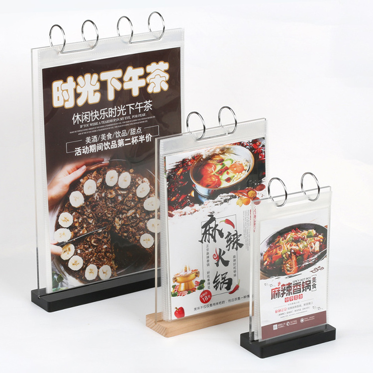 Wholesale Price Desk Label Signs Acrylic t-shaped Menu Holder Acrylic Stand Desk Label Holder A5 with page-turning metal ring