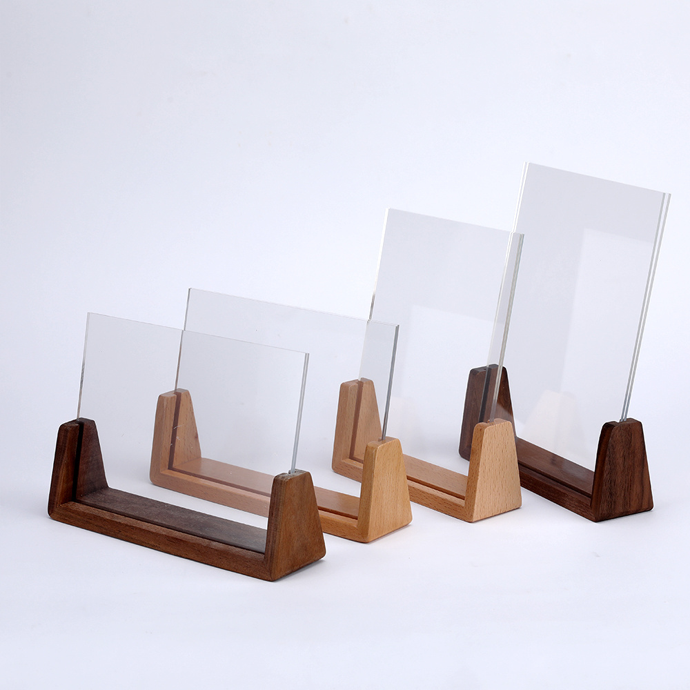 Wooden Acrylic Photo Frames U-Shape Picture Frame Photo Stand Transparent Frameless Photo Frames With Wood Base