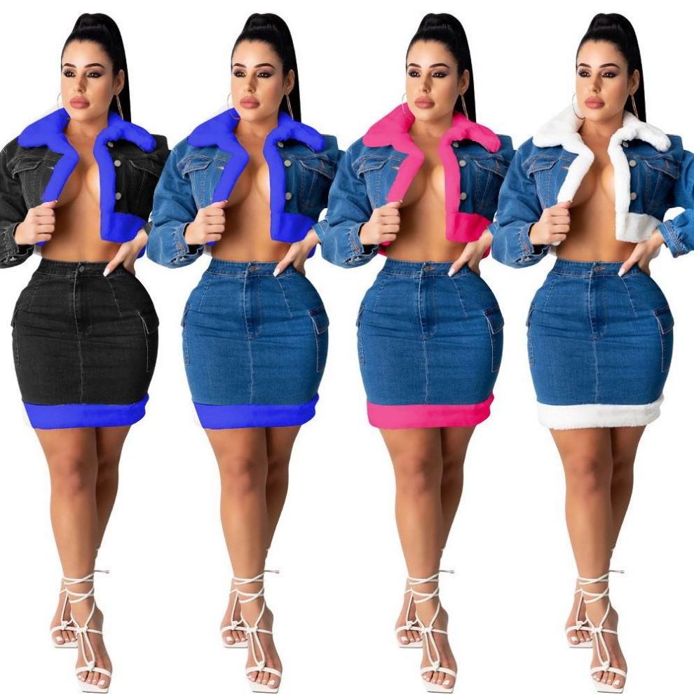 2022 New Arrivals Women Fur Collar Jeans Jacket And Denim Skirt Two Piece Set Women Crop Top Plus Size 2 Piece Sets