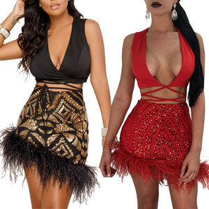 Fashion Sexy Bralette Crop Top and Ostrich Feather Decoration Sequin Short Skirt 2 Piece Set Clothing Party Dress