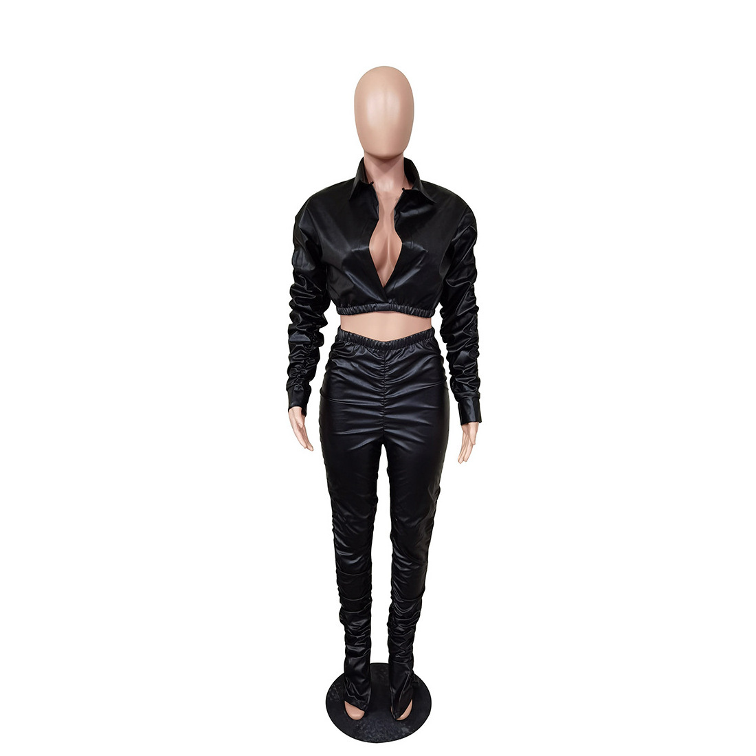 Women's Crop Tops PU Leather Two Piece Sets Ruched Pants Drawstring Full Sleeve Bodcysuit Drape Stacked Outfits Club wear