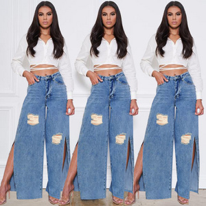 Wholesale Fashion 2022 Fall Tall Waist Street Style  Open Crotch Wide Leg Pants Women Jeans