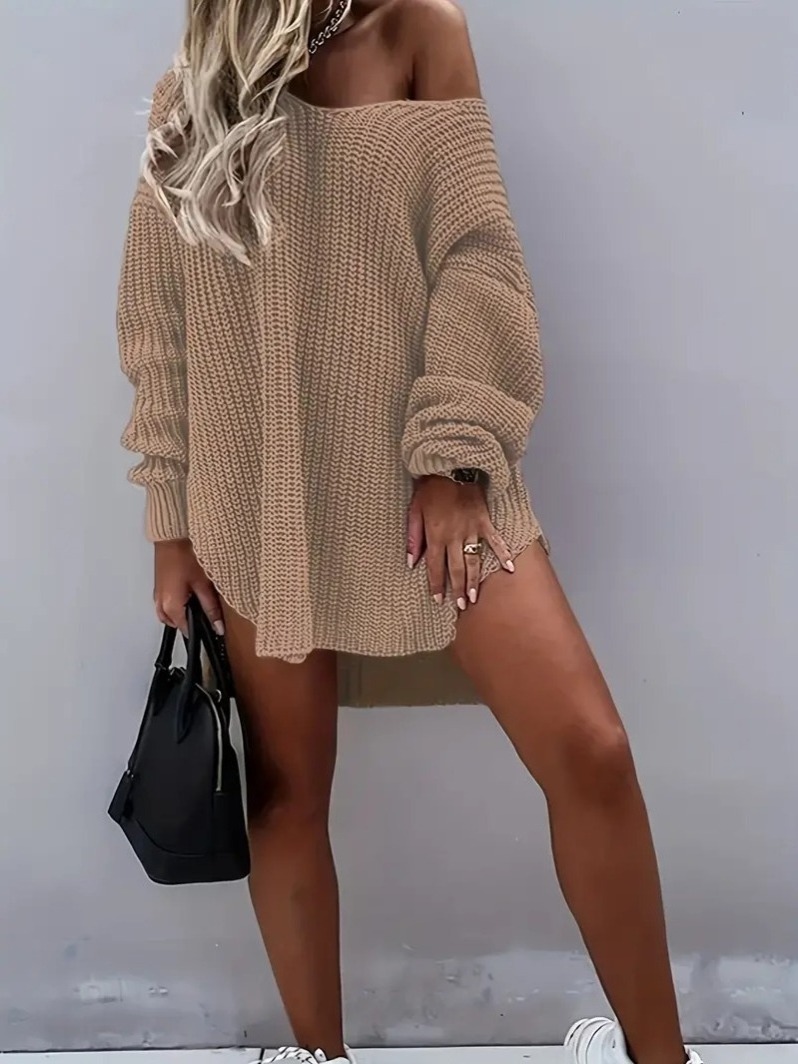 2024 new arrivals fashion sexy collarless simple solid color blank loose knit solid women's sweater mini pullover dress