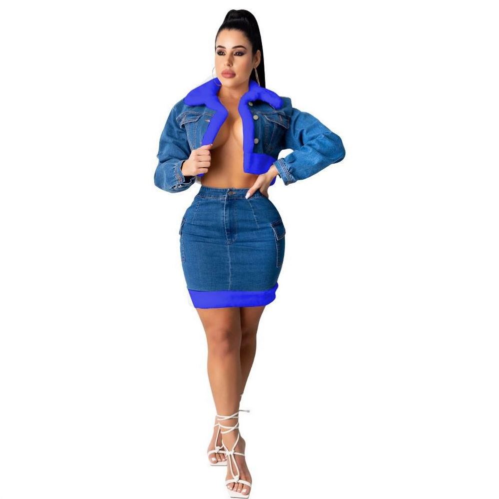 2022 New Arrivals Women Fur Collar Jeans Jacket And Denim Skirt Two Piece Set Women Crop Top Plus Size 2 Piece Sets