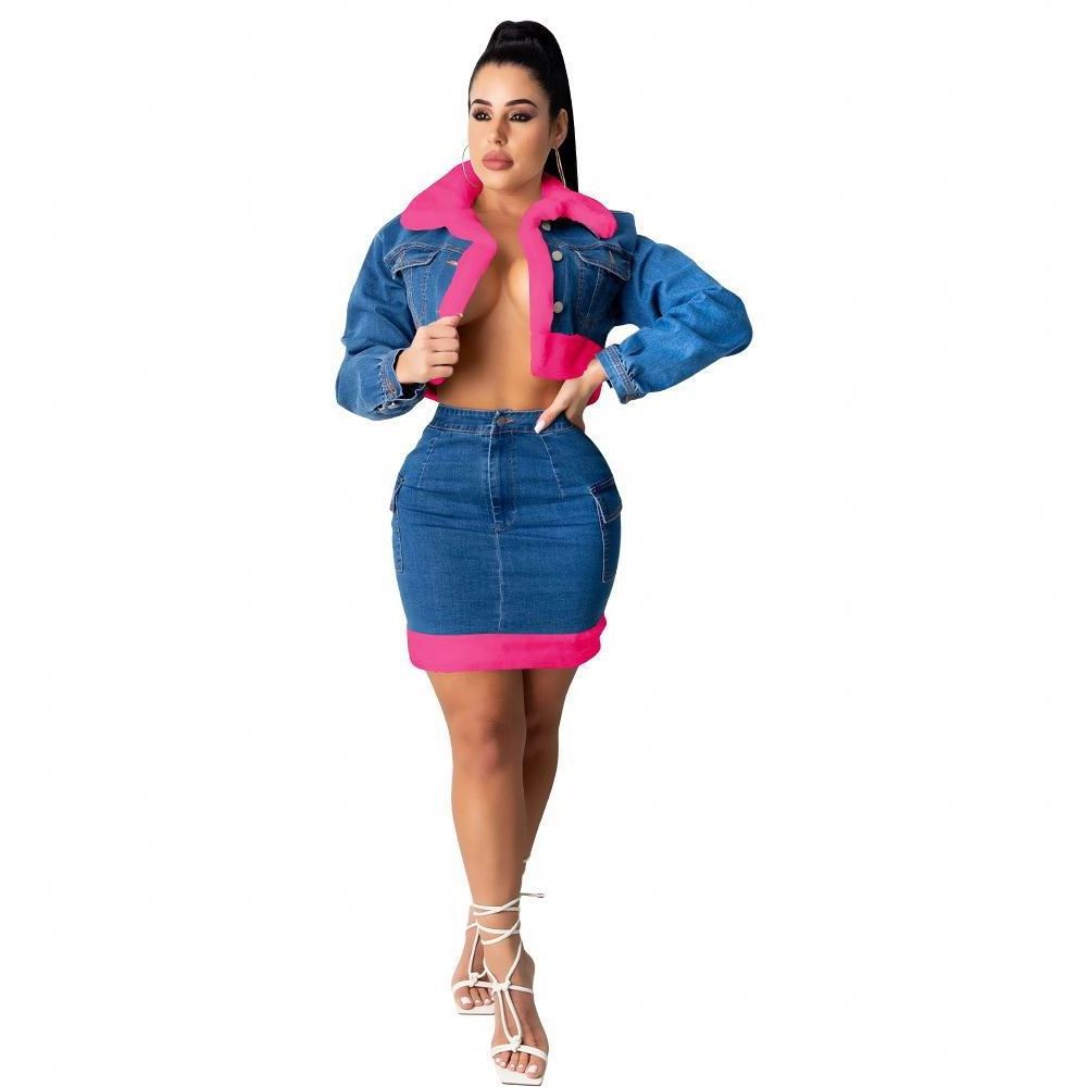 2022 New Arrivals Women Fur Collar Jeans Jacket And Denim Skirt Two Piece Set Women Crop Top Plus Size 2 Piece Sets