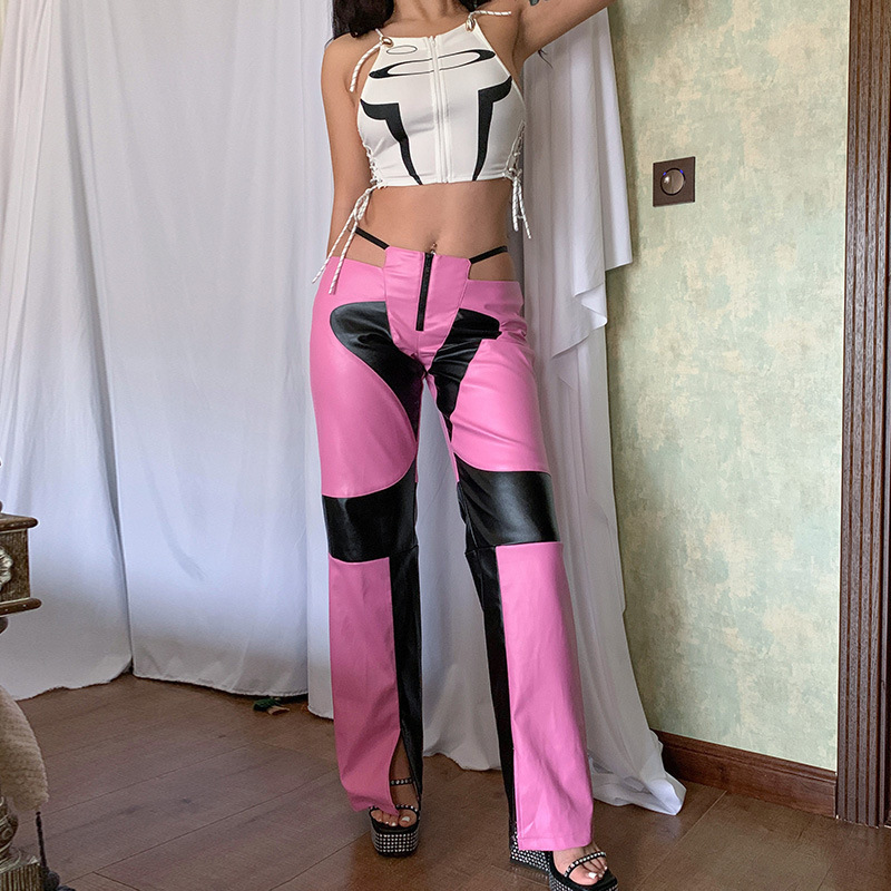 2024 European And American Contrast Color Low Waist Straight Split Pink Patchwork Pu Leather Pants