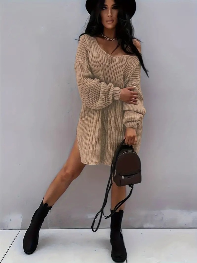 2024 new arrivals fashion sexy collarless simple solid color blank loose knit solid women's sweater mini pullover dress