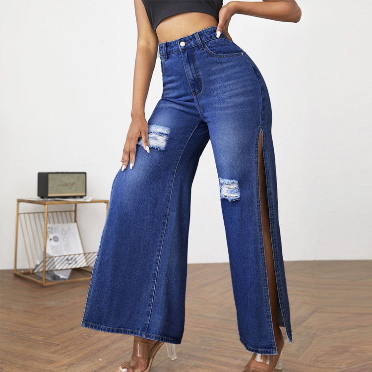 Wholesale Fashion 2022 Fall Tall Waist Street Style  Open Crotch Wide Leg Pants Women Jeans