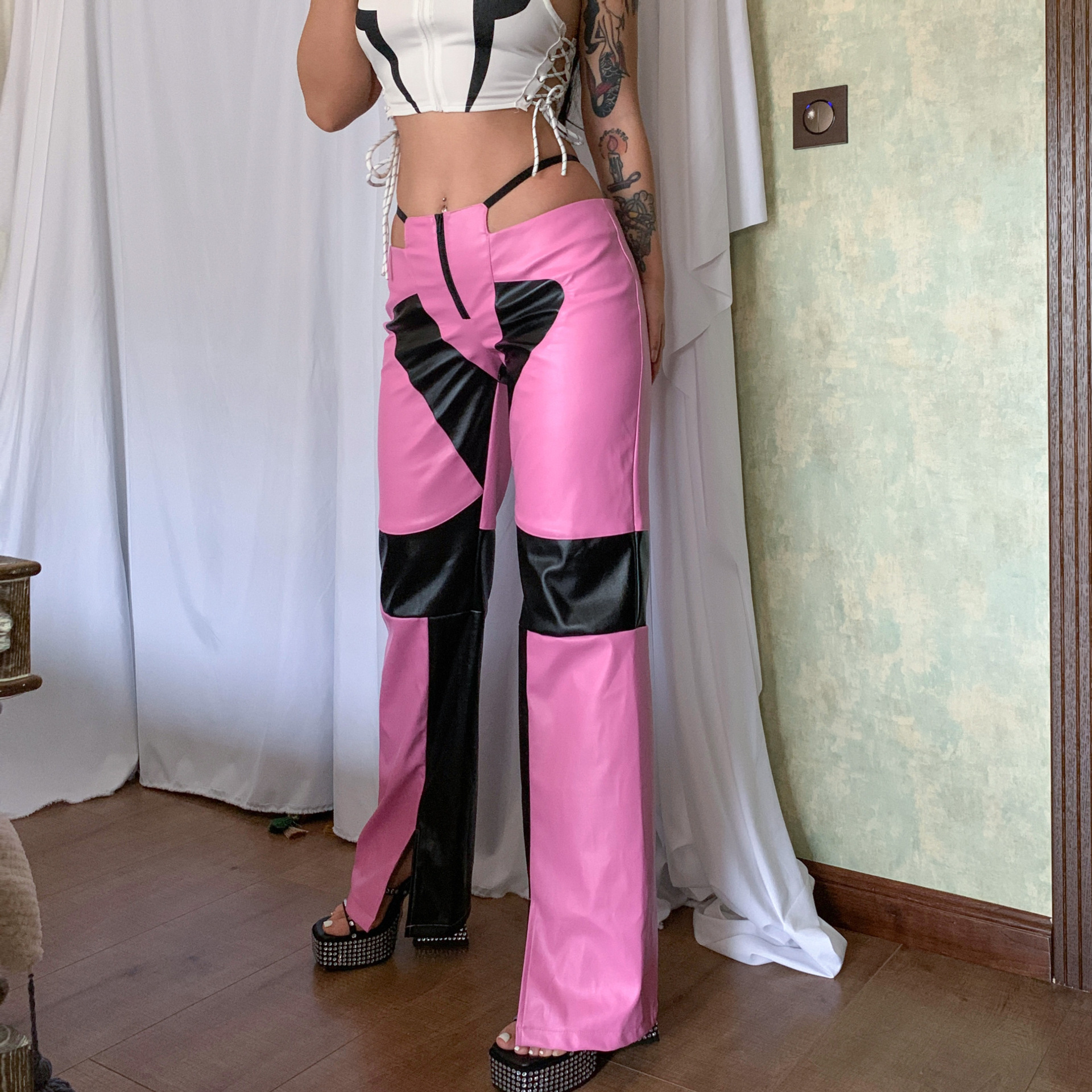 2024 European And American Contrast Color Low Waist Straight Split Pink Patchwork Pu Leather Pants