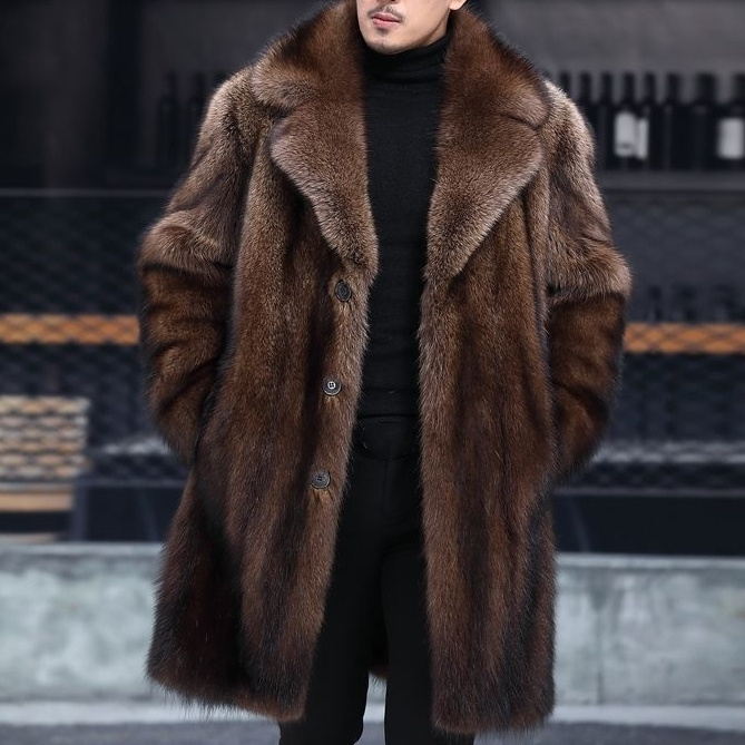 Wholesale Luxury Men Long Sleeve Mid-length Imitation Leather Mink Winter Mens Faux Fur Coat