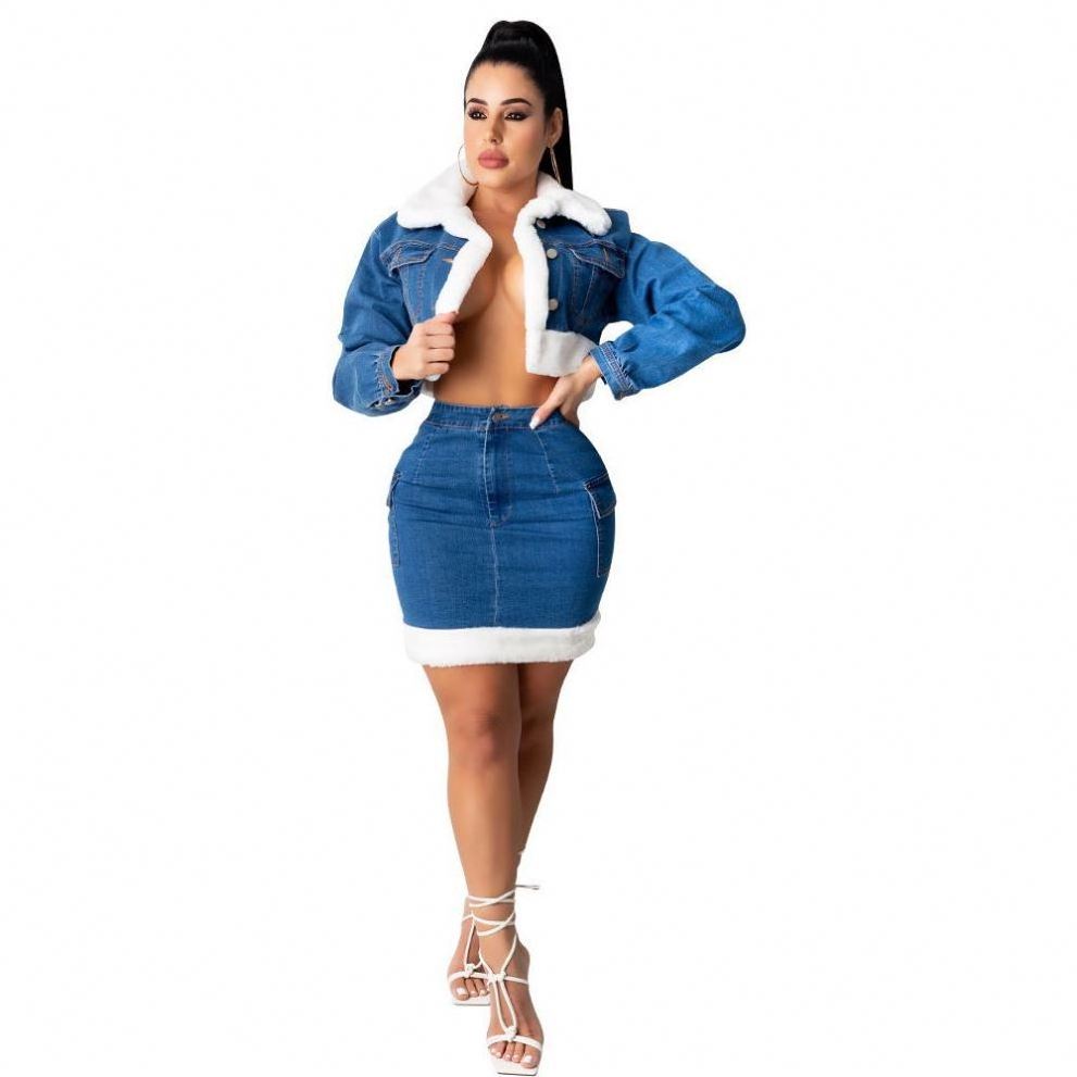 2022 New Arrivals Women Fur Collar Jeans Jacket And Denim Skirt Two Piece Set Women Crop Top Plus Size 2 Piece Sets