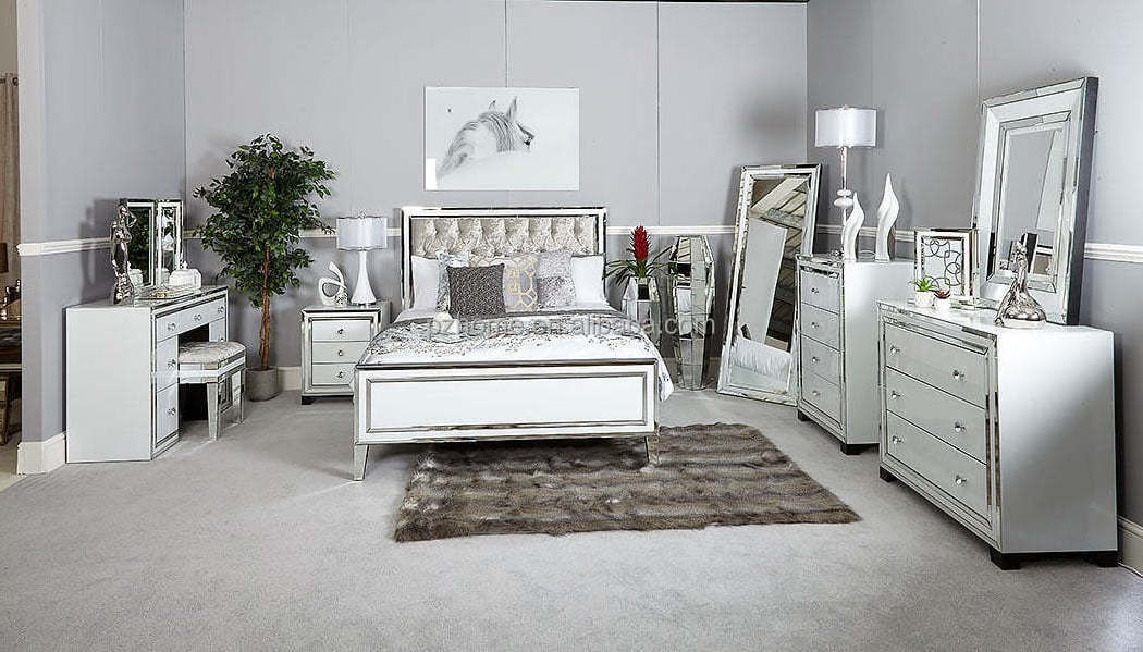 modern luxury upholstery tufted headboard queen king double silver mirrored bed for bedroom frame furniture set