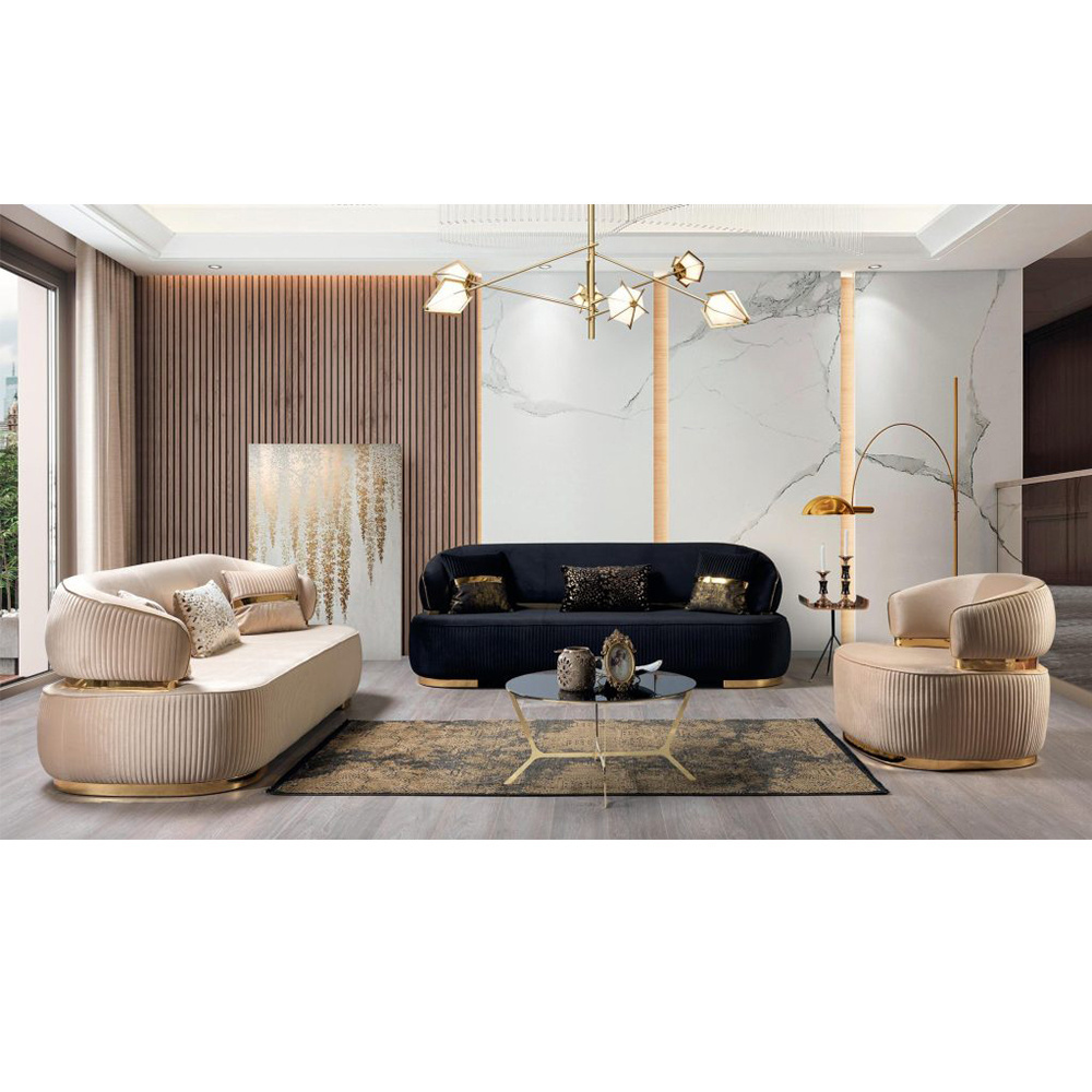 Black and Gold Modern Velvet Sofa Set Furniture Luxury Upholstered Modern Turkish Sofa Design Couches Sofa Living Room