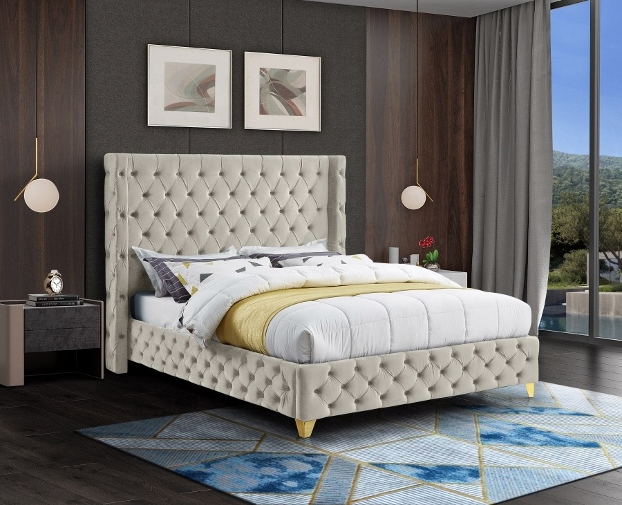 Bedroom Furniture New Fabric Luxury Tufted Wingback Design Modern Camas King Size solid wood Bed with frame Wooden Slats