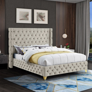 Bedroom Furniture New Fabric Luxury Tufted Wingback Design Modern Camas King Size solid wood Bed with frame Wooden Slats