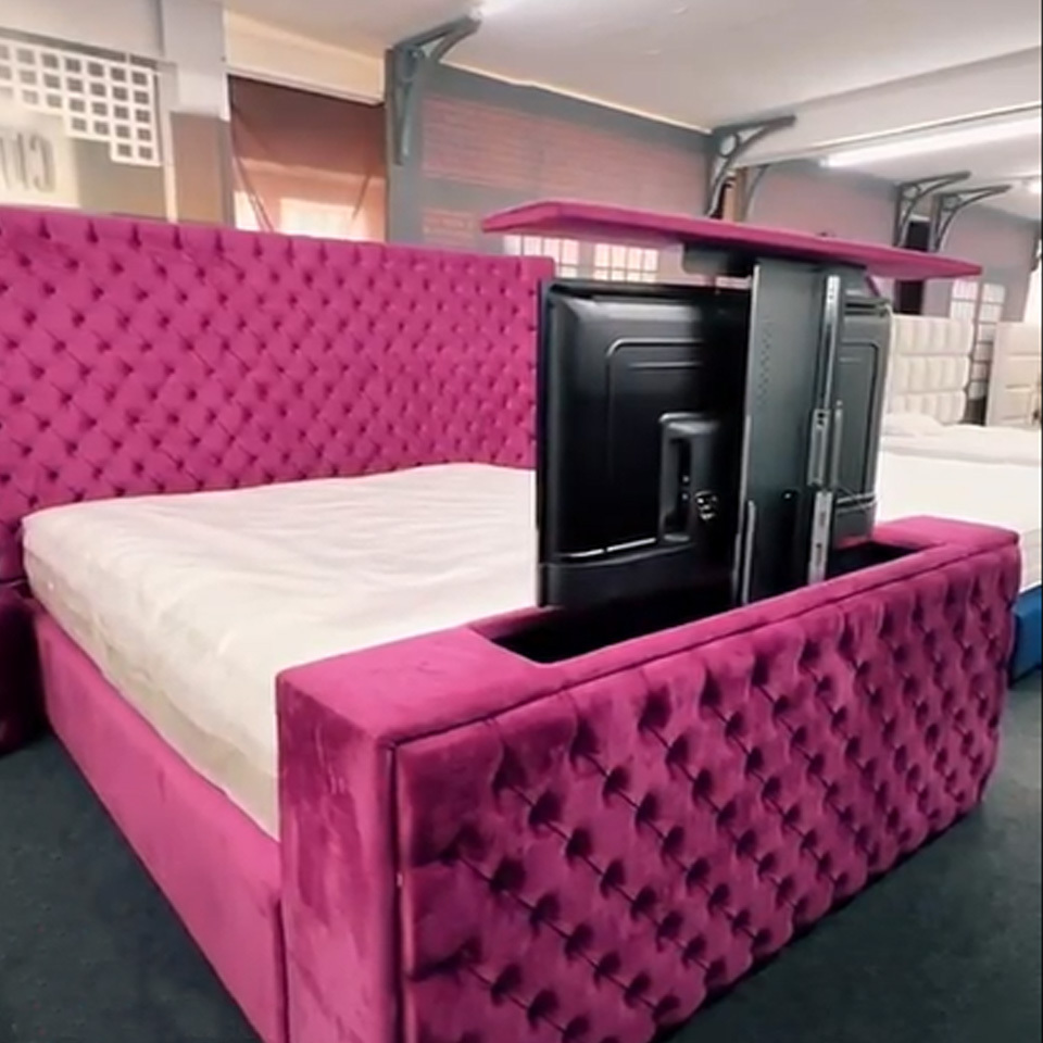 Modern Velvet Fabric Smart Bedroom Set Queen Bed With TV Footboard ...