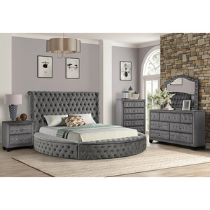 Upholstered Queen Size Bed Nightstand Wood Dresser Mirror Grey Velvet Bedroom Furniture Set Circle King Size Bed With Storage