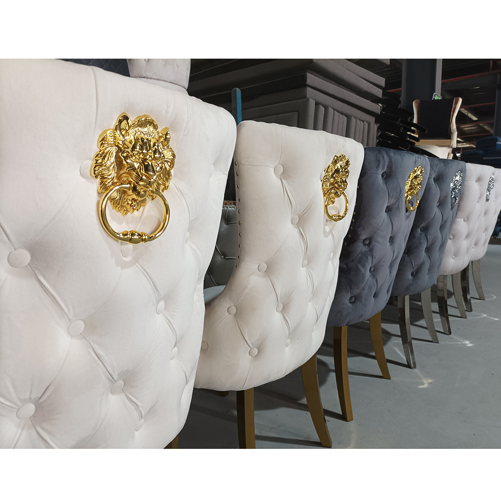 European Luxury Button Tufted Velvet Fabric Lion Knocker Modern Design Stainless Steel Legs Dining Room Sets of 6 Dining Chairs