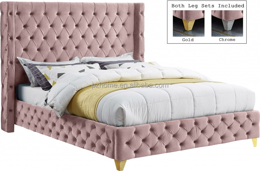 Bedroom Furniture New Fabric Luxury Tufted Wingback Design Modern Camas King Size solid wood Bed with frame Wooden Slats