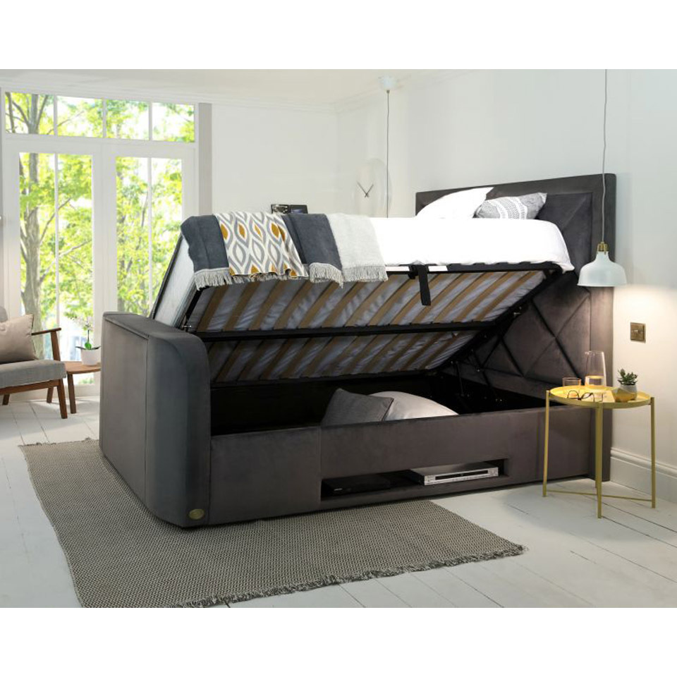 Modern Upholstered Velvet Bedroom Set King Size TV Bed Wooden Frame Queen Size Bed Frame With Storage Drawers Under Bed TV Lift