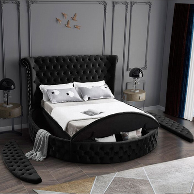 Modern Luxury Soft Bed Black Velvet Fabric Tufted Headboard King Queen Size Round Storage Bed With Trundle