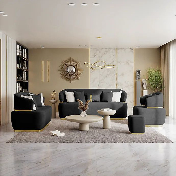 Black and Gold Modern Velvet Sofa Set Furniture Luxury Upholstered Modern Turkish Sofa Design Couches Sofa Living Room