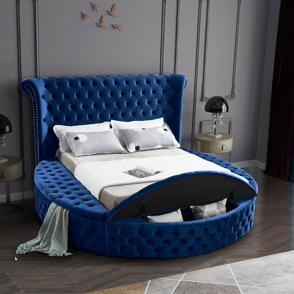 Modern Luxury Soft Bed Black Velvet Fabric Tufted Headboard King Queen Size Round Storage Bed With Trundle