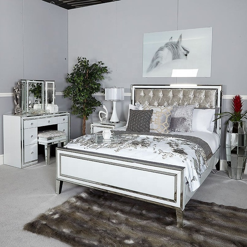 modern luxury upholstery tufted headboard queen king double silver mirrored bed for bedroom frame furniture set