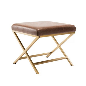 Modern Nordic Small Chair Ottoman Stool Leather Fabric Upholstered Footstool Gold Metal Legs Ottoman Stools