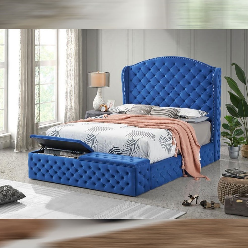 modern design wood frame king size blue velvet storage bed for bedroom furniture