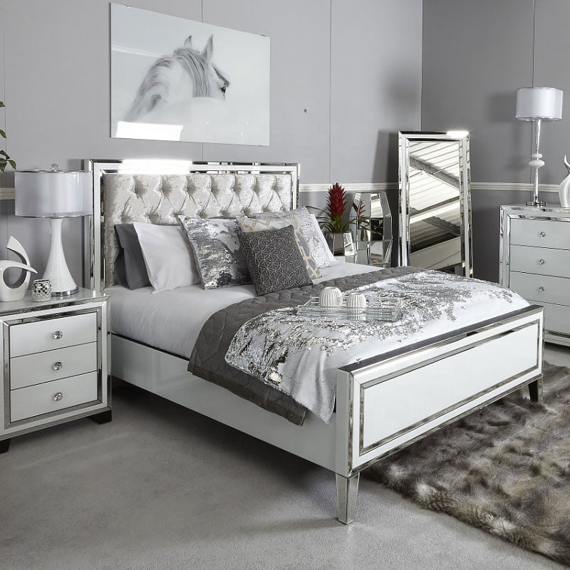 modern luxury upholstery tufted headboard queen king double silver mirrored bed for bedroom frame furniture set