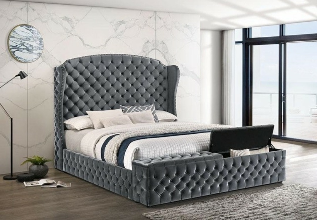 modern design wood frame king size blue velvet storage bed for bedroom furniture