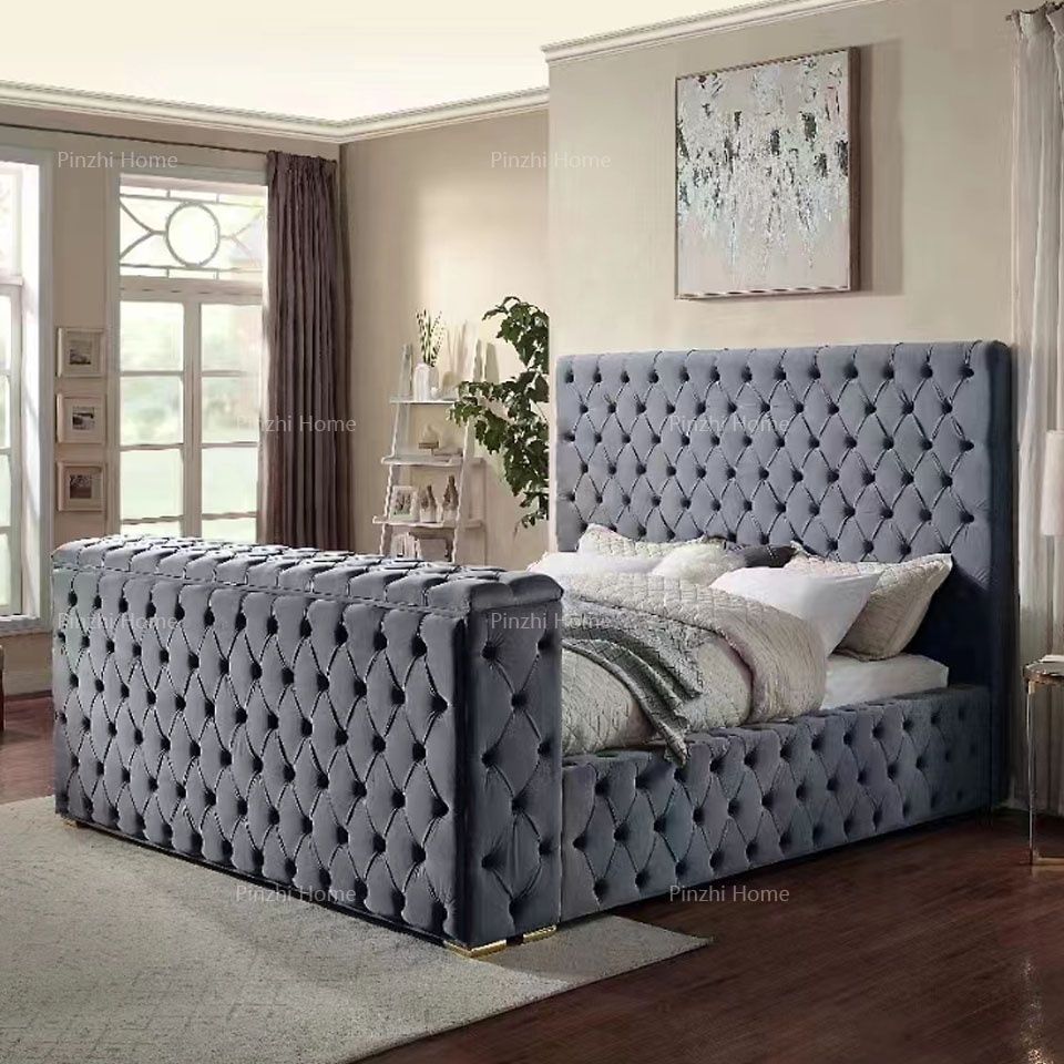 Custom luxury modern tufted upholstered king size smart tv bed frame with tv in footboard