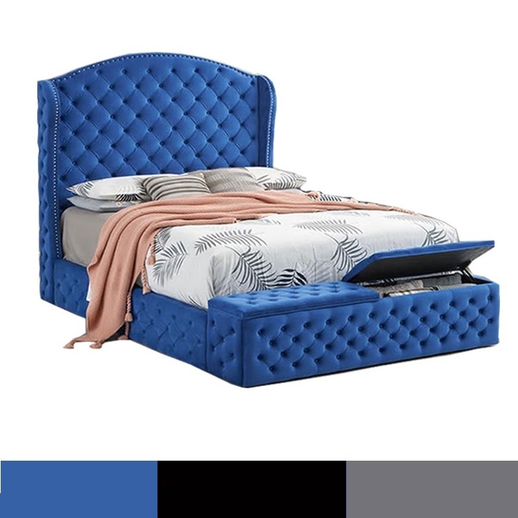 modern design wood frame king size blue velvet storage bed for bedroom furniture