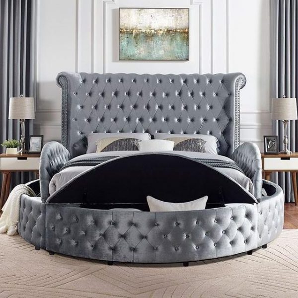 Antique Full Size Bed Velvet Round Bed Frame Lit Upholstered Queen Size bed Frame