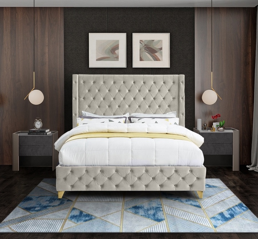 Bedroom Furniture New Fabric Luxury Tufted Wingback Design Modern Camas King Size solid wood Bed with frame Wooden Slats