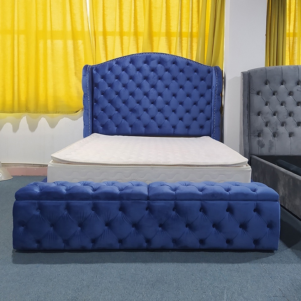 modern design wood frame king size blue velvet storage bed for bedroom furniture